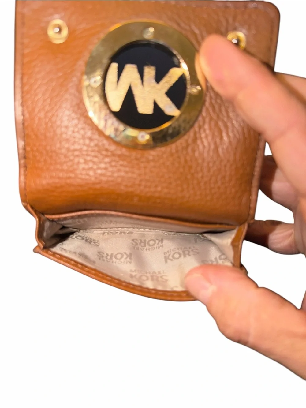 Michael Kors Cognac Leather Card Holder with Silver MK Emblem
